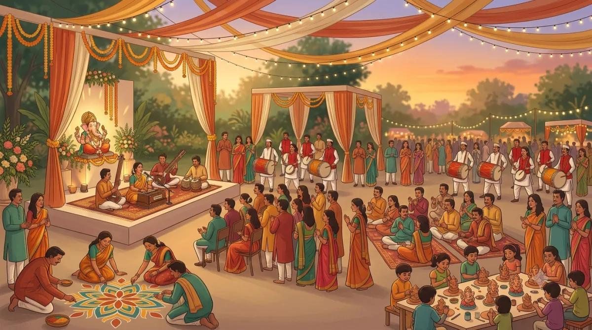 Ganesh Utsav 2026 celebration — Ganesha idol, classical music, rangoli, and dhol-tasha